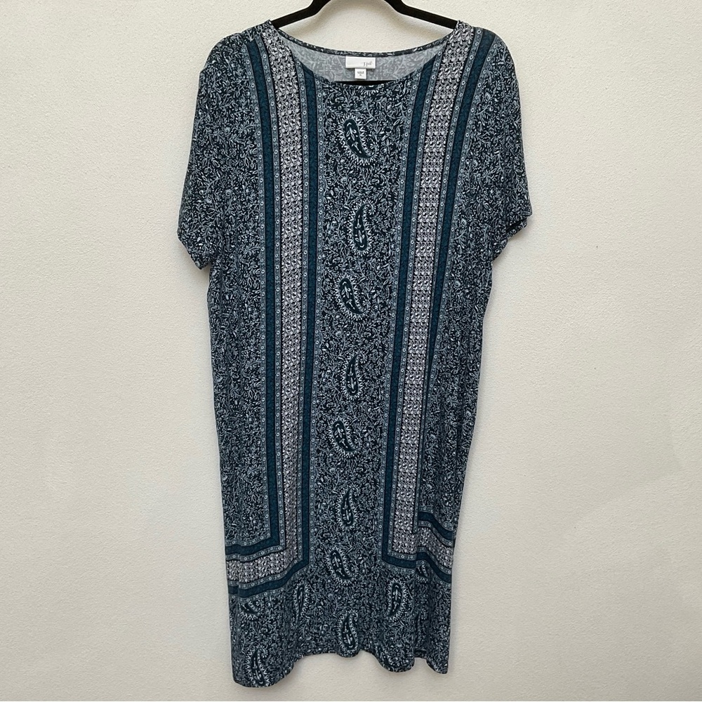 J. Jill Blue, White, Navy Paisley Print Short Sleeve Dress Size XL Stretchy